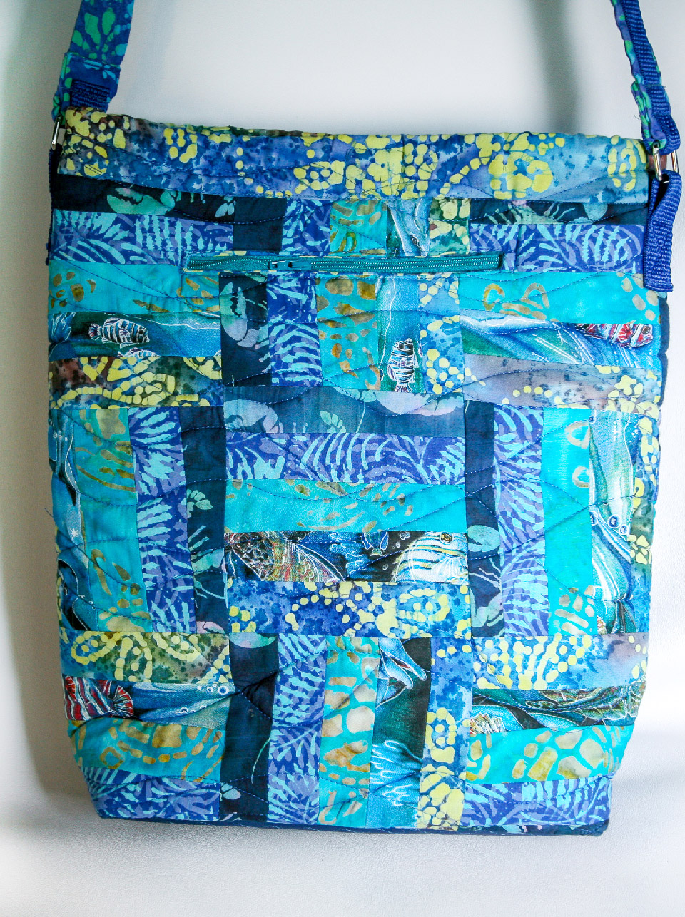 Quilted blue batik tote bag