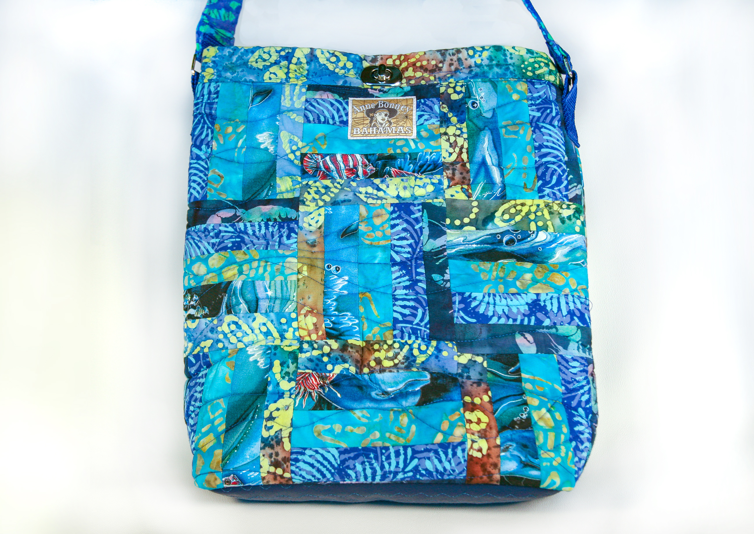 Quilted blue batik tote bag