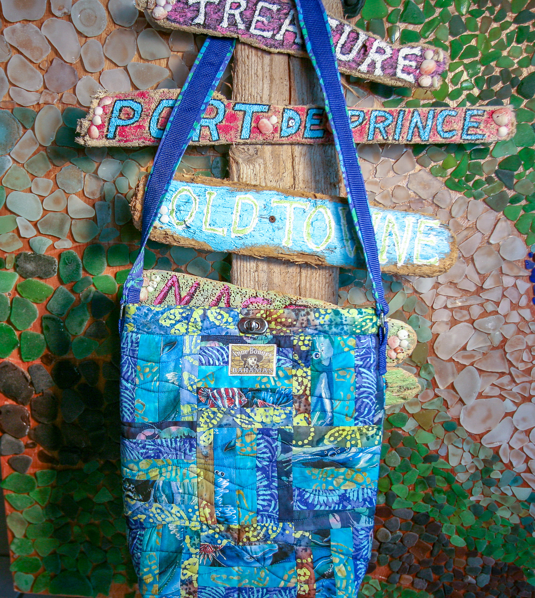 Quilted blue batik tote bag