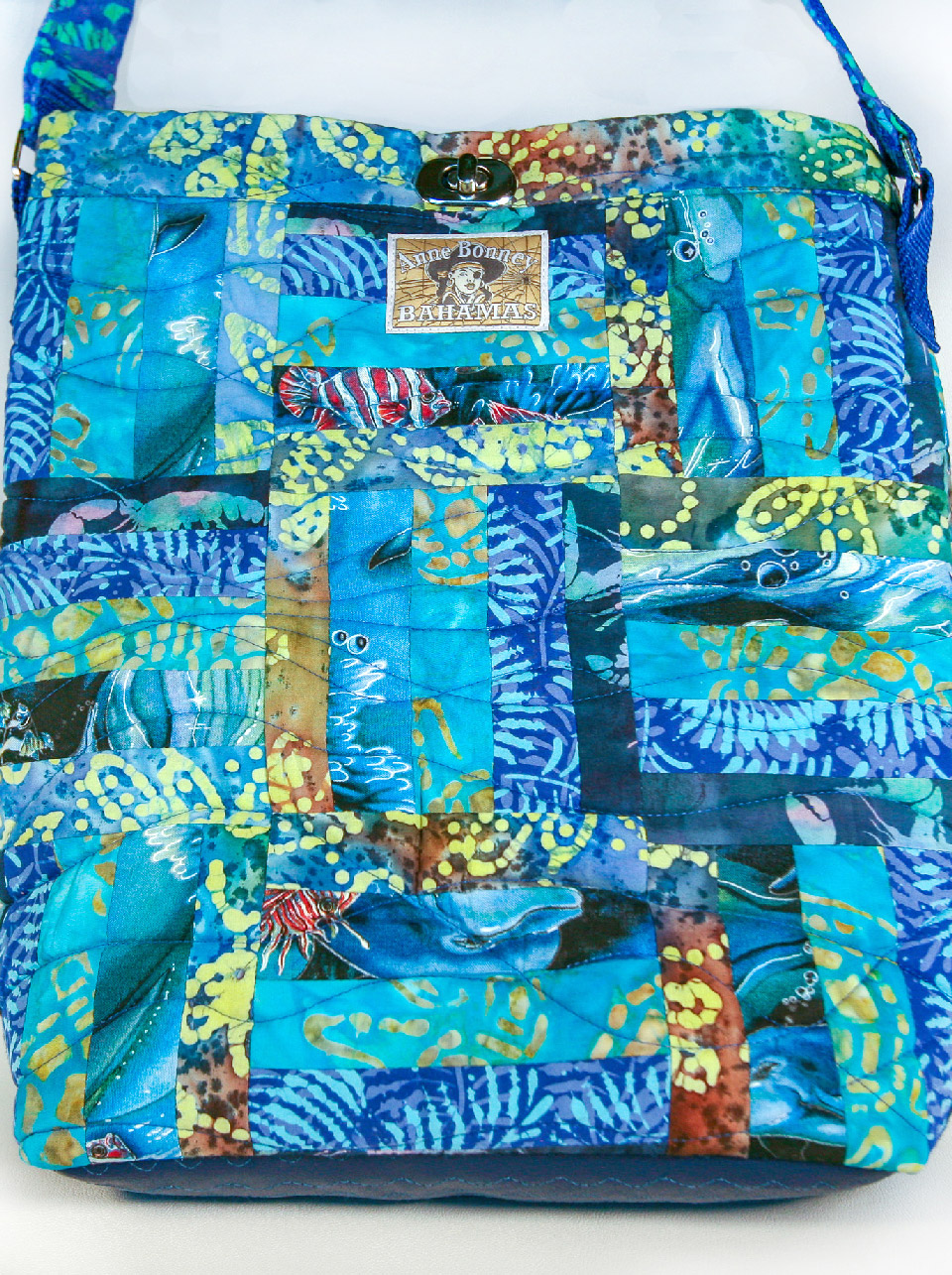 Quilted blue batik tote bag
